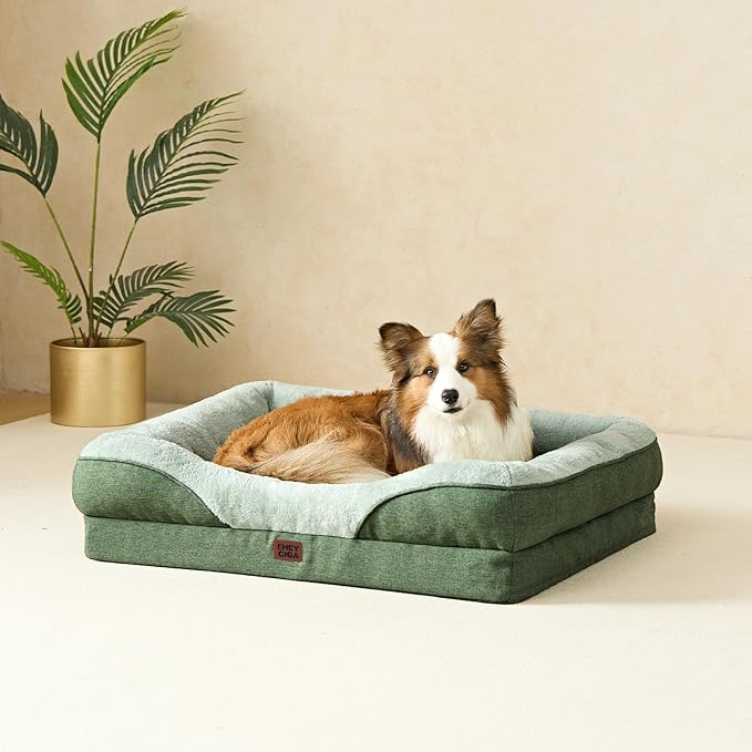 EHEYCIGA Memory Foam Dog Bed for Medium Size, Orthopedic Dog Sofa with Sides and Waterproof Liner, Washable Bolster Pet Couch with Removable Cover, 35x22x6.5 Inch, Green-PurrikoPets