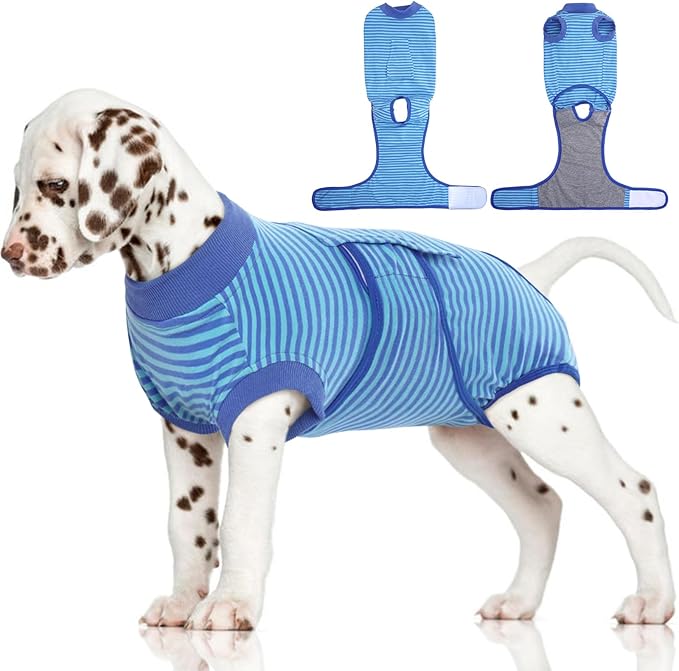 FUAMEY Recovery Suit for Dogs After Surgery,Soft Breathable Dog Bodysuit E-Collar & Cone Alternative Surgical Suit,Male Female Dog Neuter Spay Suits Anti Licking Wounds Onesie Navy Blue Strips XS-PurrikoPets