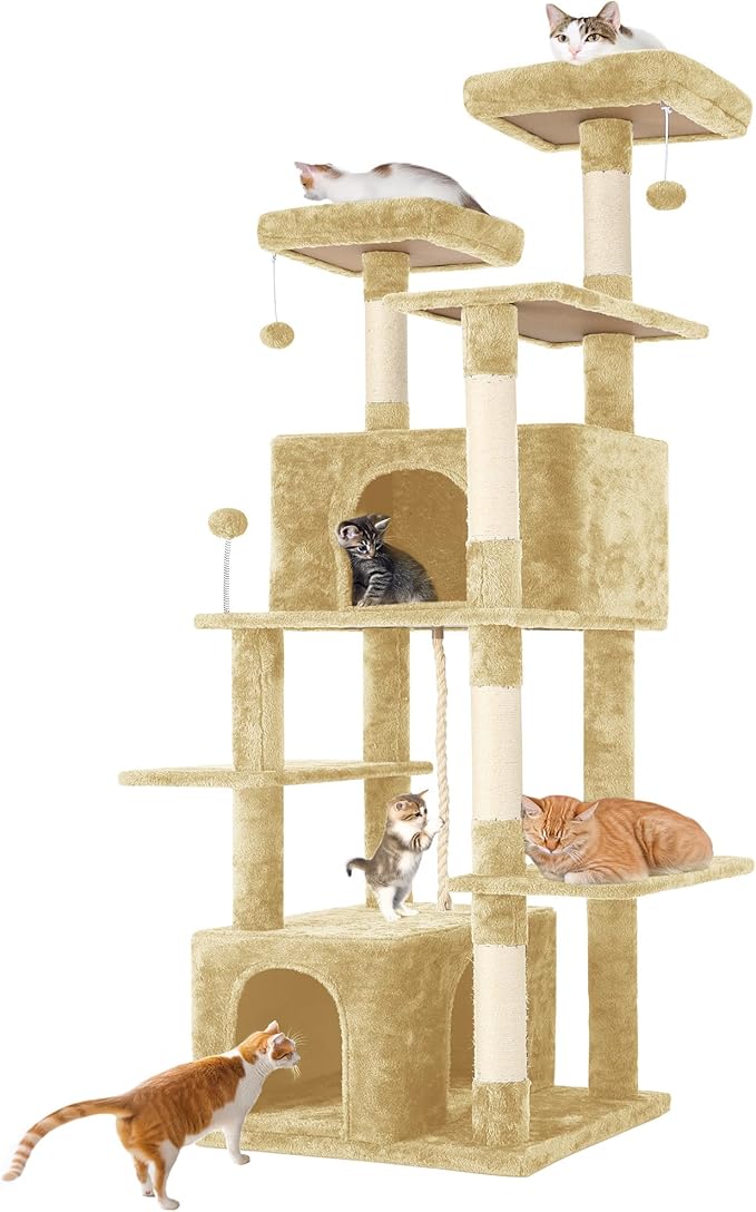 69in Large Cat Tree Tower for Indoor Cats with Soft Plush Hang Ball, Two Condos, Sisal Scratch Posts & Rope Play for Kittens/Adult Cats, Beige-PurrikoPets