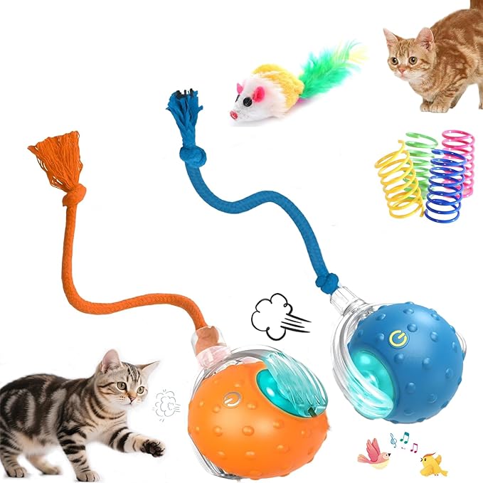 2-Pack Interactive Cat Toys Ball - 2025 New Gen with 360° Auto-Rotation Smart Obstacle Avoidance,Includes 4 Cat Spiral Spring＆1 Furry Cat Toy Mice,Ideal Kitten Toys for Bored Indoor Cats(Orange＆Blue)-PurrikoPets