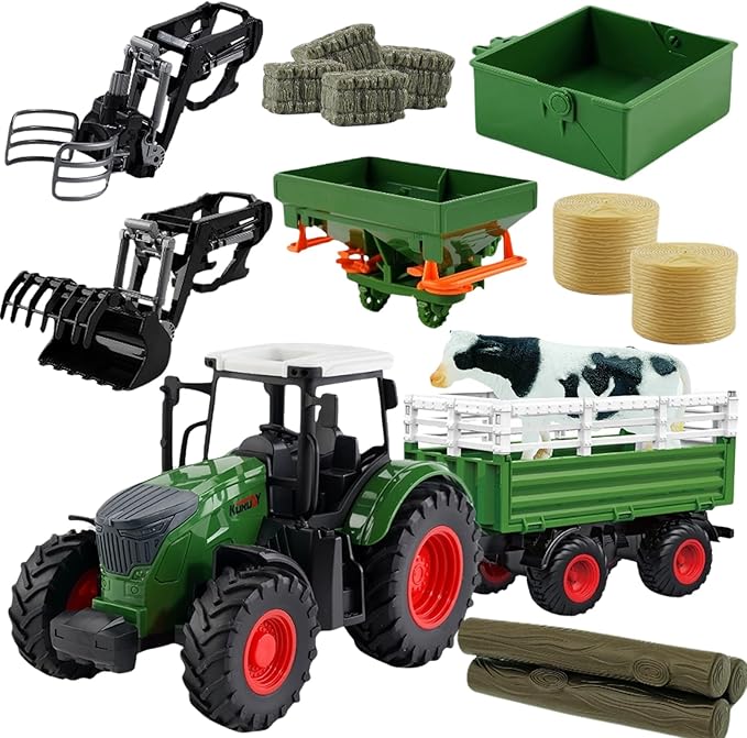 Farm Toys Tractor with Trailer-16.5 Inches Tractor Playset 1/24 Scale Gripper Frontloader Spreader for Boys Kids Toddlers Age 3-7 Years Old-PurrikoPets