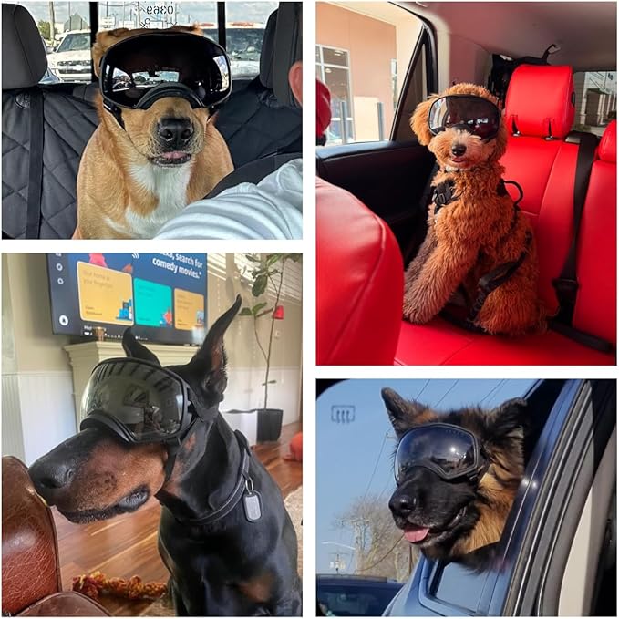 Dog Sunglasses UV Protection Clear Dog Goggles Windproof Glasses with Elastic Straps for Medium-Large Breed, Black Frame + Black Lens-PurrikoPets