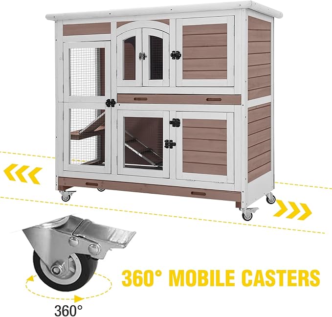 Aivituvin Rabbit Hutch Indoor, Bunny Cage with Wheels, 2-Story Design, 2 Deep Trays, Anti Slip Ramp, Ideal for Small Animals - Brown-PurrikoPets