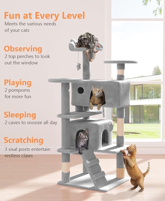 54" Cat Tree Tower for Indoor Cats Large Adult,Cute/Tall Modern Cat Tree for Big Cats 20 lbs, Plush Multi-Level Cat Condo with Scratching Posts, Dangling Ball for Fun (Light Gray, 54 inch)-PurrikoPets