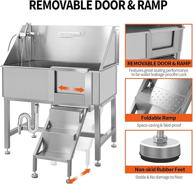 38 Inch Dog Bathing Station for Large Dogs, Stainless Steel Dog Pet Washing Station, Professional Dog Grooming Tub, Pet Wash Bath Station,Right Door-PurrikoPets