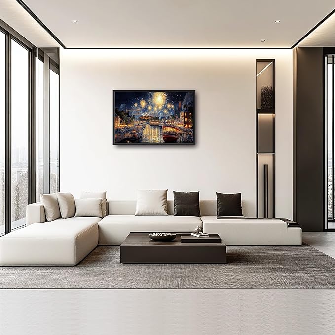 Framed Large Firework Night Sky Wall Art, Oversized European City Landscape Wall Decor for Living Room, River Boats Canvas Pictures Home Decoration for Living Room Bedroom Office 36"x24"-PurrikoPets