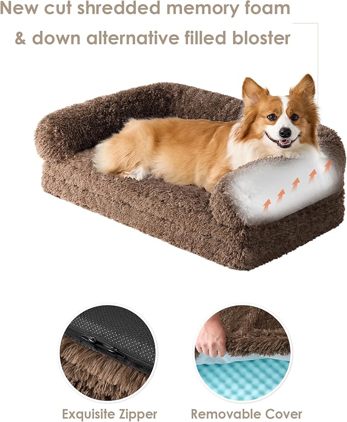 EHEYCIGA Foldable Dog Bed, Faux Fur Fluffy Dog Couch Bed, Orthopedic Calming Memory Foam Pet Bed for Small Dogs, Washable Soft Warm Pet Sofa Bed with Non-Slip Bottom, Brown, 40"x30"x6"-PurrikoPets