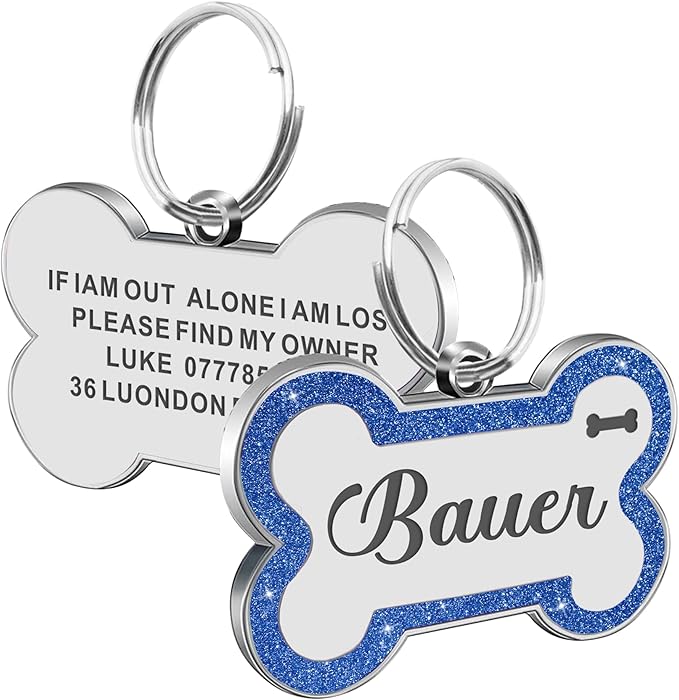 Dog Tags Personalized for Pets Dog Name Tags Personalized Dog Tag Engraved with Any Name & Text Custom Dog ID Tags Glitter Bone ID Tag for Puppy Cat (Blue S, Bone)-PurrikoPets