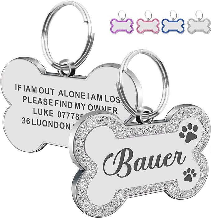 Dog Tags Personalized for Pets Dog Name Tags Personalized Dog Tag Engraved with Any Name & Text Custom Dog ID Tags Glitter Bone ID Tag for Puppy Cat (Silver S, Bone)-PurrikoPets