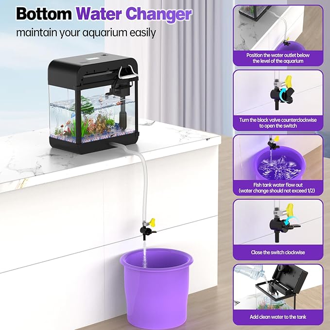 Fish Tank 2.2 Gallon Fish Aquarium with Music Humidifier 7 Color Auto-Looping Light Adjustable Water Pump with Filtration & Aeration & Circulation, Temperature Display, Bottom Water Changer-PurrikoPets