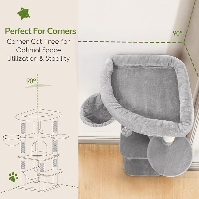 Globlazer Corner Cat Tree Tower for Indoor Cats, 51in Multi-Level Cat Condo Tower with Large Hammock, 7 Sisal Scratching Posts, Oversized Top Perch, Spacious Cat Cave, Hanging Basket, C51, Light Gray-PurrikoPets