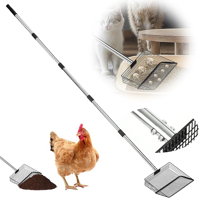 10 Inch Chicken Poop Scooper, Large Metal Chicken Coop Scoop, Chicken Litter Sifting Shovel, Chicken Coop Rake with Retractable Stainless Steel Handle, Chicken Coop Cleaning Tools Accessories-PurrikoPets