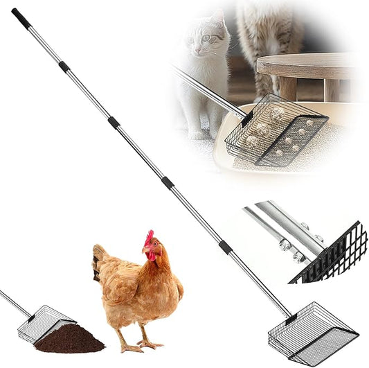 10 Inch Chicken Poop Scooper, Large Metal Chicken Coop Scoop, Chicken Litter Sifting Shovel, Chicken Coop Rake with Retractable Stainless Steel Handle, Chicken Coop Cleaning Tools Accessories-PurrikoPets