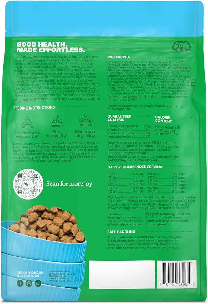 Get Joy Gut Health Fresh Freeze Dried Raw Meal, Chicken Recipe, 16 Ounce Bag, Dog Food for Dogs of All Breeds and Life Stages, PhD Animal Nutritionist Formulated, Made in USA-PurrikoPets