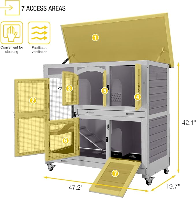 Aivituvin Rabbit Hutch Indoor, Bunny Cage with Wheels, 2-Story Design, 2 Deep Trays, Anti Slip Ramp, Ideal for Small Animals - Grey-PurrikoPets