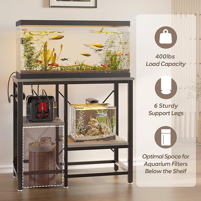20-29 Gallon Fish Tank Stand with Power Outlets, 30.7 x 13.8 Metal Aquarium Stand with 3-Tiers Adjustable Storage Shelves, 6-Legs Reptile Terrarium Stand, 400 LBs-PurrikoPets