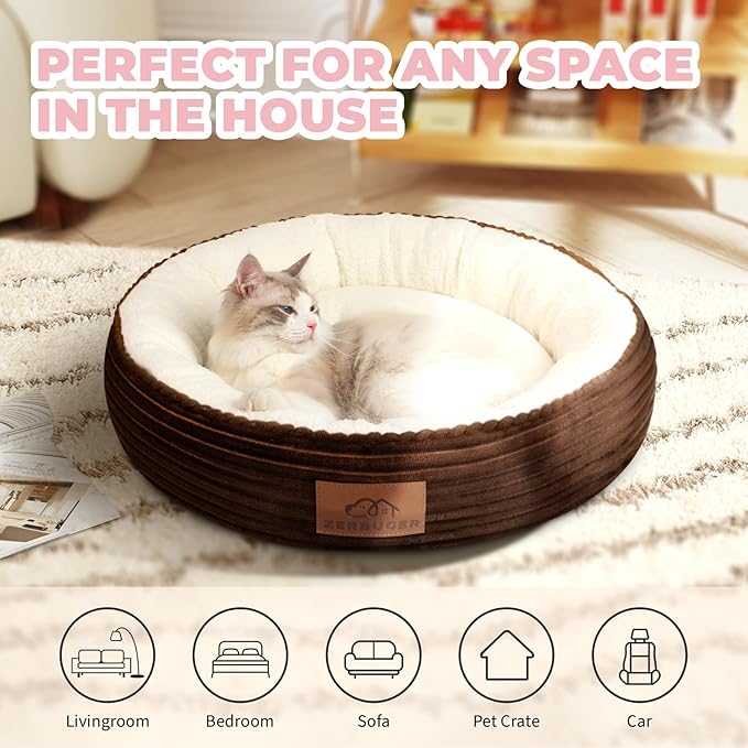 23in Round Cat Dog Bed for Large Medium Small Dogs Cats, Machine Washable Sleeping Sofa, Non-Slip Bottom Breathable Soft Calming Pet Cuddler for Indoor/Outdoor/Car/Cage, Brown-PurrikoPets