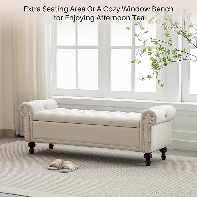 58.1'' Storage Bench Upholstered Linen End of Bedroom Bed Bench Ottoman with Tufted Cushioned Rolled Arm Large Storage Space for Reading Living Room Entryway, Beige-PurrikoPets