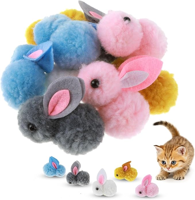 10Pcs Plush Toy Balls, Cute Bunny Shape Kitten Pompom Soft 5.5cm/2.16in Puff Ball Indoor Fun Colorful Cat Ball Toy Pom Pom Balls for Pet-PurrikoPets