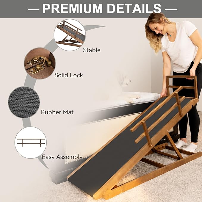 ABORON Folding Pet Ramp, 5-Level Adjustable Dog Ramp for Bed, Couch, SUV - High Traction Rubber Surface, Supports up to 200 lbs, 45.2" Long - Ideal for Small & Large Dogs & Cats,Brown Finish-PurrikoPets