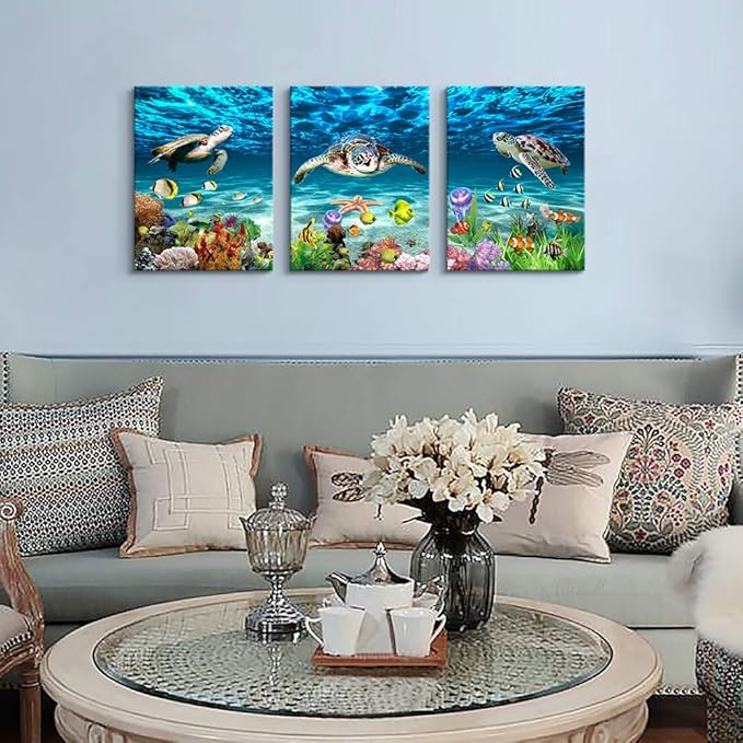 AHUASJART Canvas Wall Art for Living Room family Wall decor for Bedroom Bathroom Wall Decoration blue Ocean Sea Turtle Paintings Modern shark Pictures Artwork office Ready to Hang 12" x 16" 3 Piece-PurrikoPets