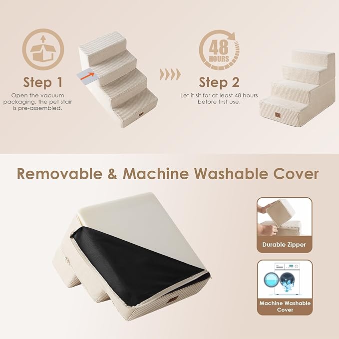 EHEYCIGA Dog Stairs for Bed 18" H, 4-Step Dog Steps for High Bed, Pet Steps for Small Dogs and Cats, Non-Slip Balanced Pet Ramp Indoor, Beige-PurrikoPets