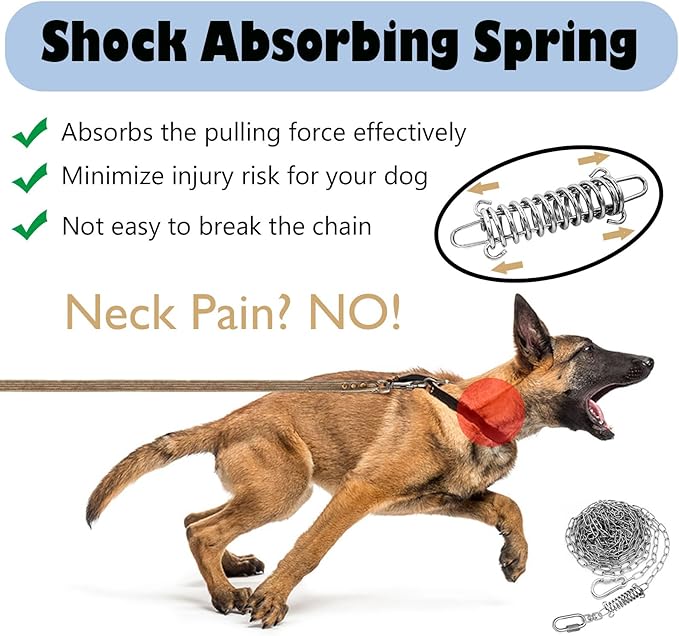 25ft Heavy Duty Chew Proof Dog Tie Out Chain Leash with Shock Absorbing Spring&Lockable Hooks-Up to 200Lbs,Use for Yard,Garden,Camping or Travel-PurrikoPets