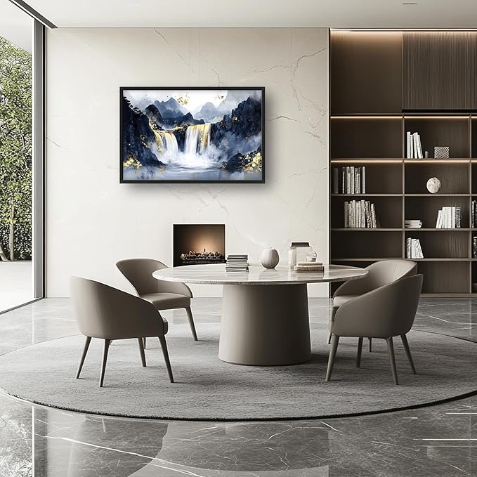 Extra Large Abstract Golden Waterfall Framed Wall Art for Living Room,Oversized Foggy Mountain Pictures Wall Decor,Canvas Print Painting Modern Artwork Bedroom Office Bathroom 36L" x 24W"-PurrikoPets