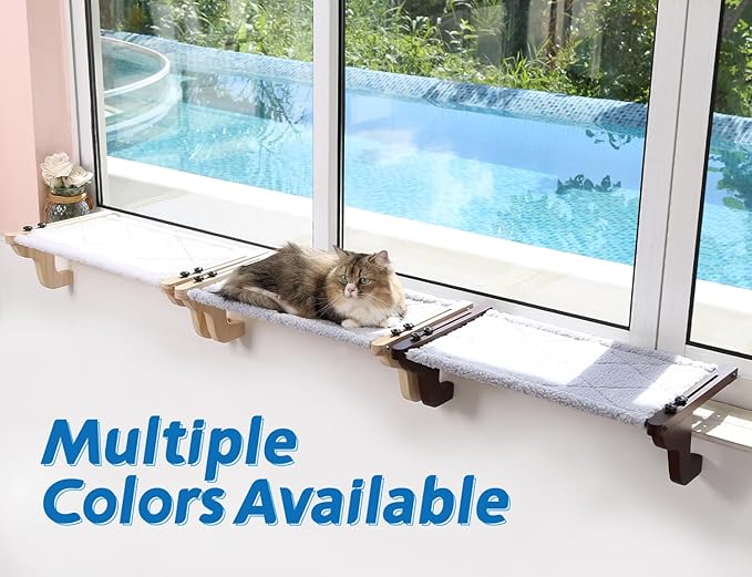 Easy Seat Cat Perch for Window Sill - Hammock Design w/Pine Wood & Robust Metal Frame - Cat Window Seat for Large Cats and Kittens (Natural Color Wood w/Gray Bed, Large (26''W x 14''D))-PurrikoPets