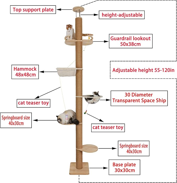 Floor to Ceiling Cat Tree Height (50-120 in) Adjustable Cat Tower 5 Tier Hemp Scratching Post High Cat Tree Sturdy Activity Tree Indoor Outdoor Cat Scratching Post Activity Center-PurrikoPets