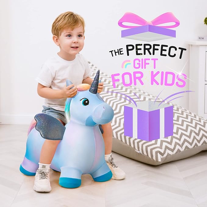 EVERICH TOY Unicorn Bouncy Horses Inflatable Plush Hopping Toy Bouncing Hopper Animals for Toddlers,Outdoor&Indoor Bouncy Animals for Toddlers,Gift for 18 Months 2 3 4 Year Old (W/Pump)-PurrikoPets