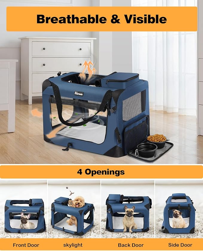 Extra Large Dog Crate with 2 Foldable Bowl, 36 Inch Collapsible Travel Dog Crate Kennel with Soft Blanket for Medium Dogs,Indoor & Outdoor (36" L x 25" W x 25" H, Navy)-PurrikoPets