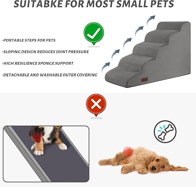 5-Step Dog Stairs and Ramp for High Bed, Non-Slip Sturdy Pet Steps for Small Dogs and Cats,22.2" H,Grey-PurrikoPets
