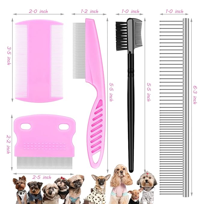 Flea Comb Lice Comb Cat Comb Dog Comb Pet Grooming Combs Tear Stain Remover Comb Remove Mucus Crust 2-in-1 Metal Round Smooth Teeth Comb Remove Floating Hair Tangles Dander (pink)-PurrikoPets