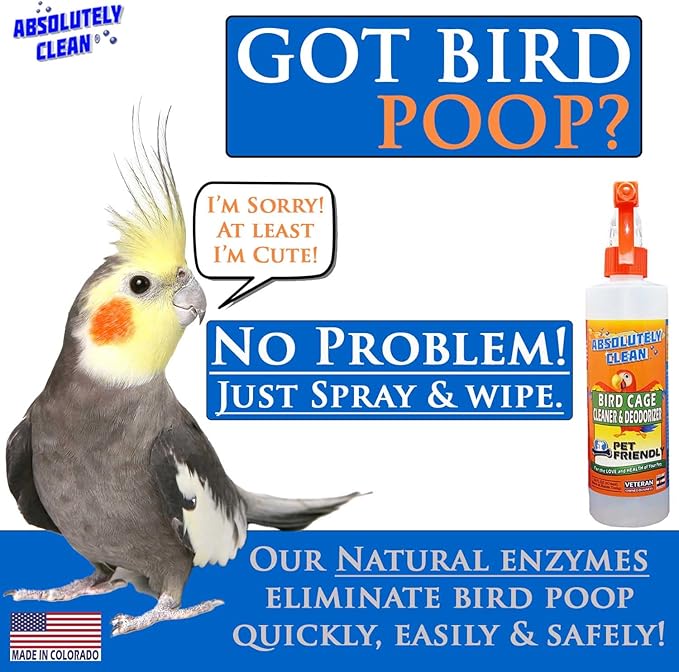 Absolutely Clean Amazing Bird Cage Cleaner and Deodorizer - Just Spray/Wipe - Safely & Easily Removes Bird Messes Quickly and Easily - Made in The US - Fragrance Free - 16oz (Pack of 2)-PurrikoPets