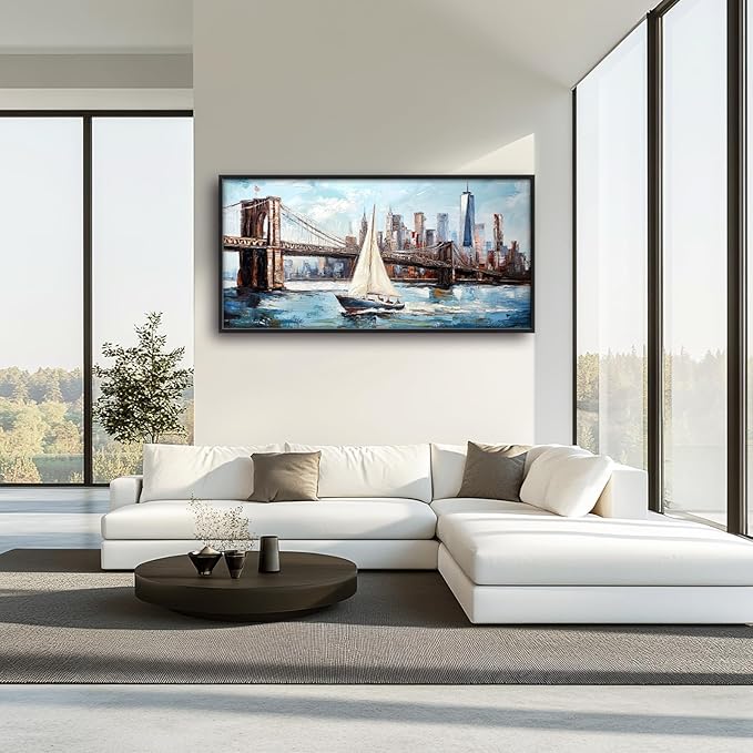 Extra Large Sailboat Framed Wall Art for Living Room,Oversized New York Brooklyn Bridge Pictures Wall Decor,Cityscape Canvas Print Painting Modern Artwork Bedroom Office Bathroom 60L" x 30W"-PurrikoPets