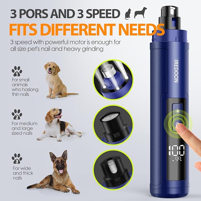 Dog Nail Grinder Upgraded - Professional 3-Speed Super Quiet and Low Vibration Electric Pet Nail Grinder with 4 LED Lights - Painless Paws Grooming & Smoothing for Small to Large Dogs (Blue)-PurrikoPets