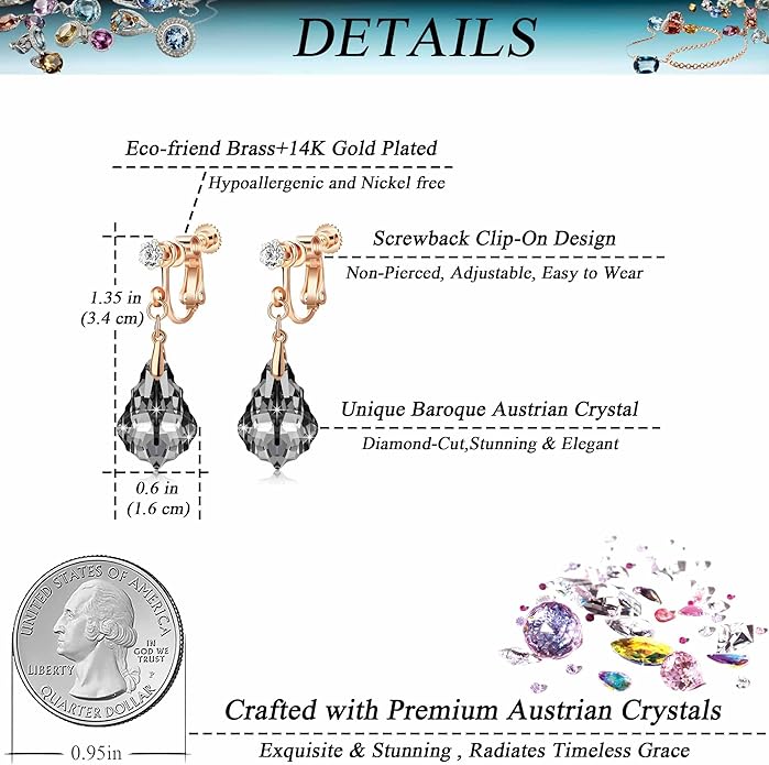 Austrian Crystal Baroque Drop Clip On Dangle Earrings for Women Non Pierced 14K Rose Gold Plated Hypoallergenic Jewelry