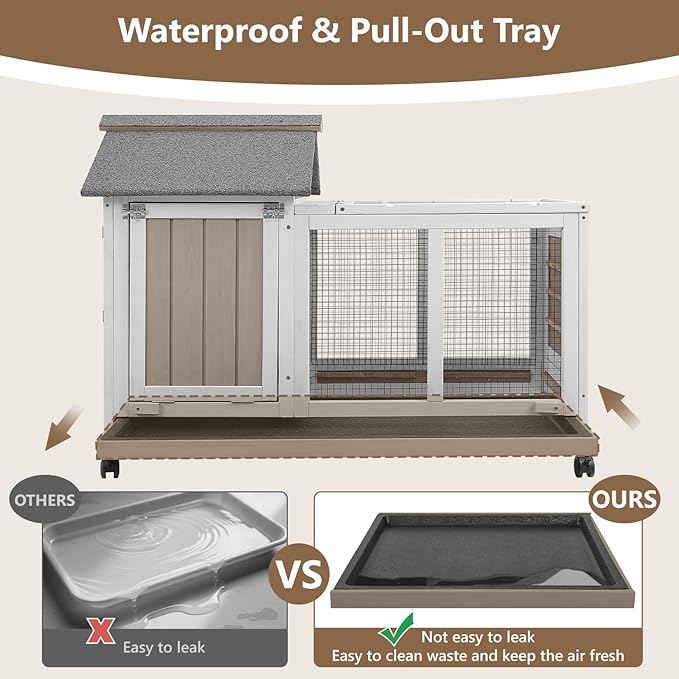 76''L Rabbit Hutch Outdoor Indoor with Wheels, Wooden 2 Story Bunny House Rabbit Cage with Run, Waterproof Roof, Pull Out Tray, Guinea Pig Cage Chicken Coop for Small to Medium Pets-PurrikoPets
