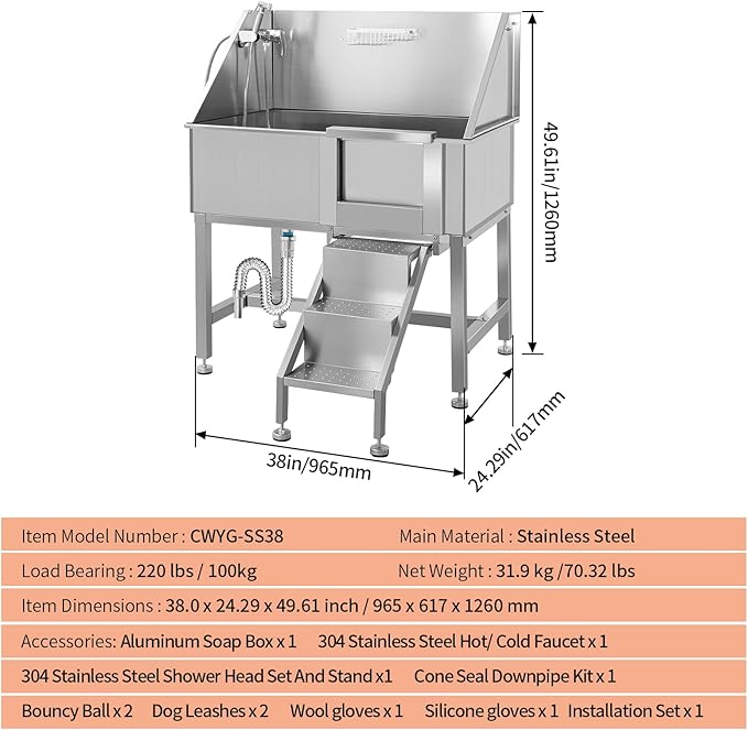 38 Inch Dog Bathing Station for Large Dogs, Stainless Steel Dog Pet Washing Station, Professional Dog Grooming Tub, Pet Wash Bath Station,Right Door-PurrikoPets