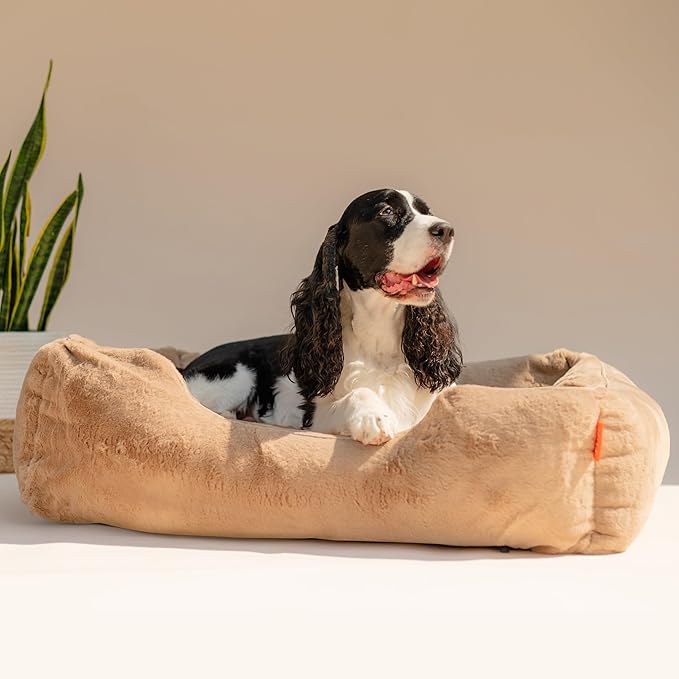 FUZI Luxury Aesthetic Dog Bed for Large Dogs with Washable Cover, Pet Couch, Pet Bed with Sides, Non-Slip Bottom, Soft and Durable Calming Dog Bed, Faux Rabbit Fur, Large 31.75x23.6x9.5 Light Brown-PurrikoPets
