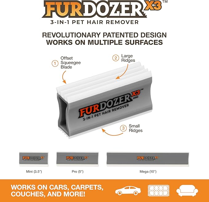 FurDozer X3 MINI Pet Hair Remover & Auto Detailing Tool - Cat & Dog Hair Remover for Carpet, Car Interior, Couch, Bedding, & Furniture - Reusable Pet Hair Removal Tool for Dog Fur & Lint, 3.5", Grey-PurrikoPets