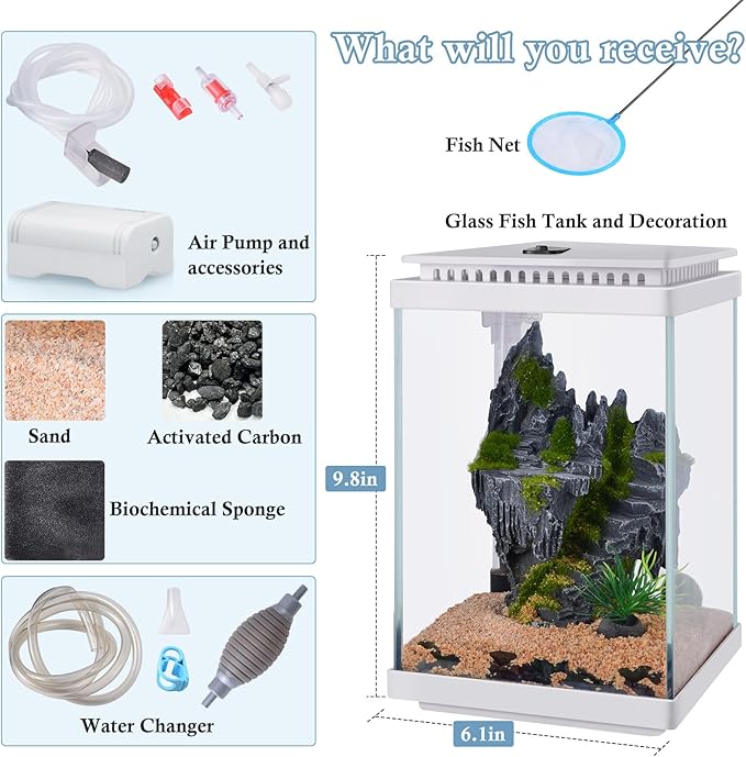 FEDOUR Small Glass Aquarium, 1 Gallon Desktop Fish Tank, Betta Fish Tank, Mini Aquarium Starter Kit with Air Pump LED Light Decoration Water Changer Fish Net (White)-PurrikoPets