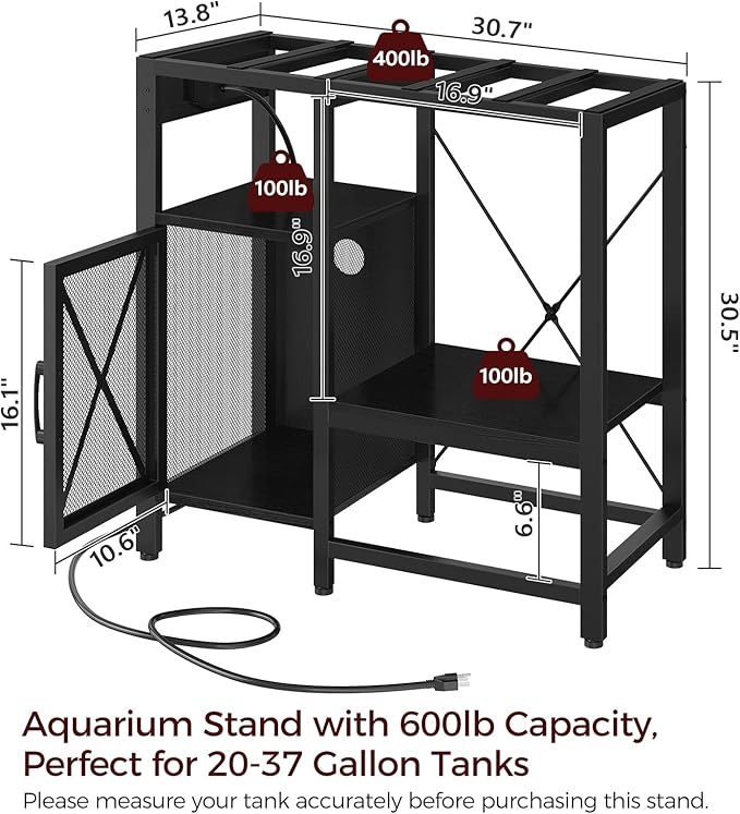 20-37 Gallon Fish Tank Stand, Aquarium Stand with Power Outlet and Storage Cabinet, Heavy Duty Tank Stand Suitable for Turtle Tank, Reptile Terrarium, for Home Office, Black FTHB40E01-PurrikoPets