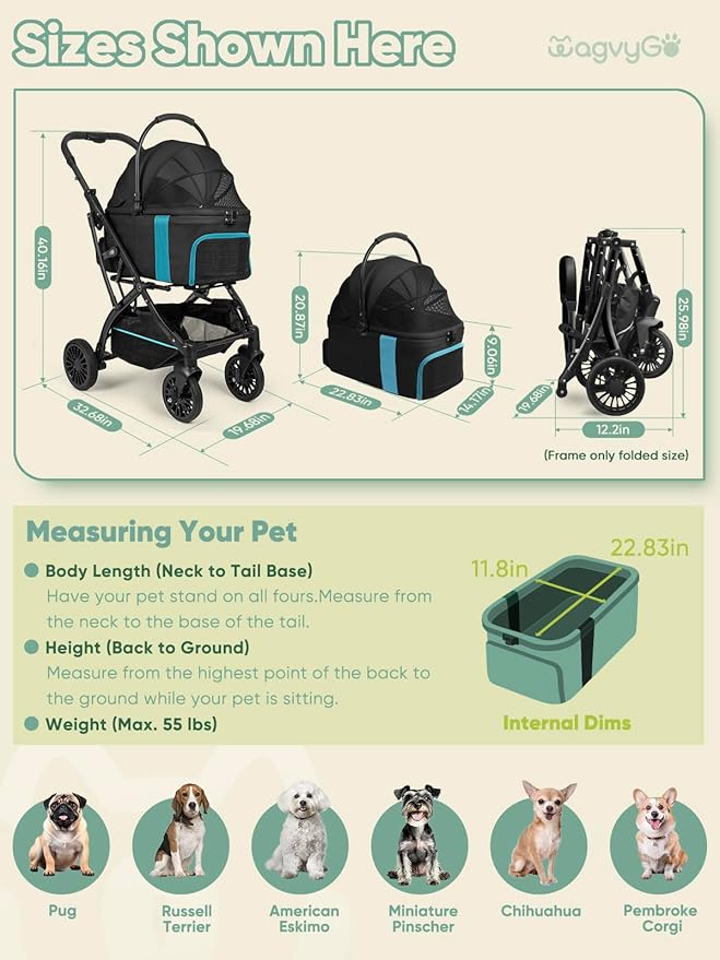 Dog Stroller, Cat Strollers, 5-in-1 Pet Stroller with Detachable Waterproof Carrier for Small/Medium Dogs Cats up to 55lbs, All-in-One Fold Without Detaching Carrier for Dogs Cats 10 lbs to 55 lbs-PurrikoPets