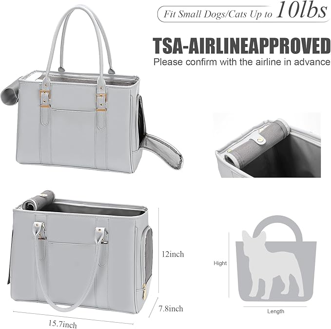 Fashion Pet Carrier Dog Purse Cat Bag Soft-Sided Carriers Travel Airline Approved, Stylish Leather Tote Handbag for Small Animal Puppy Kitten (Grey)-PurrikoPets