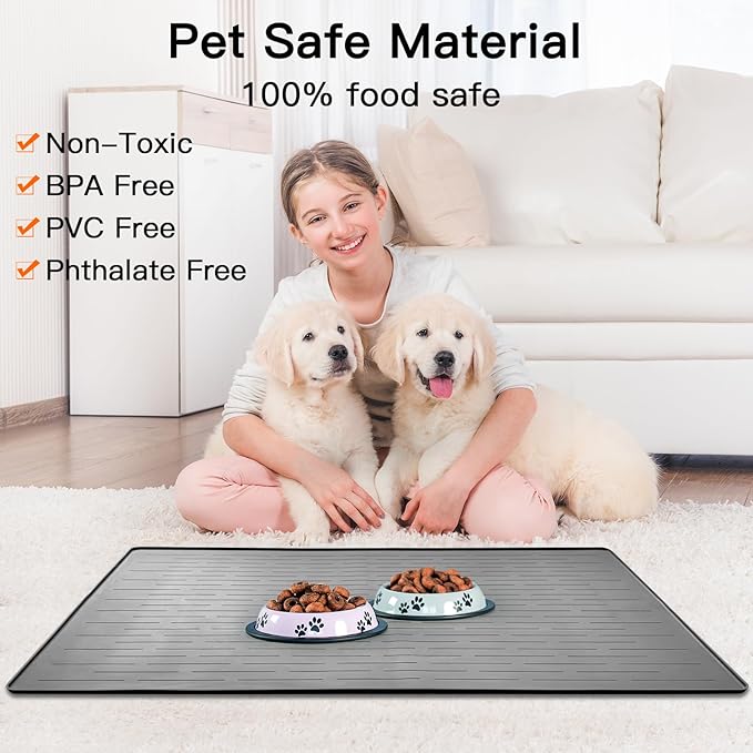48" x 32" Largest Pet Food Mat, XXXL Silicone Dog Mats for Food and Water, Nonslip Pet Feeding Mats for Floors,Dog Cat Bowl Mat with Raised Edges, Lake Blue-PurrikoPets