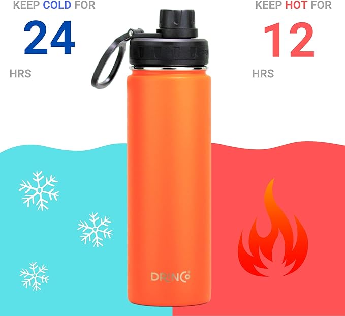 DRINCO Stainless Steel Water Bottle Spout Lid Vacuum Insulated Double Wall Water Bottle Wide Mouth (40oz 32oz 22oz 18oz 14oz) Leak Proof Keep Cold Sport Camping Hiking (22 oz, 22oz Orange)-PurrikoPets