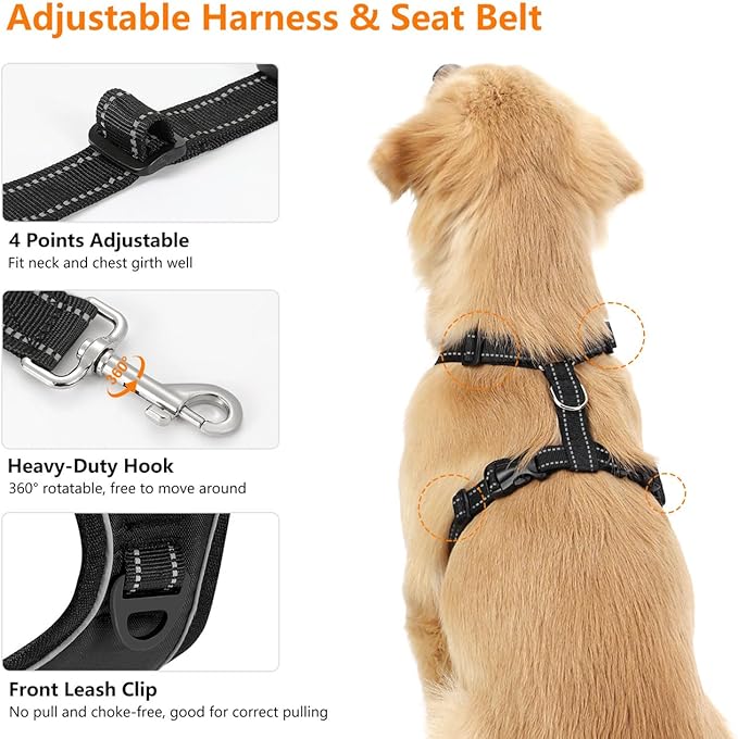 Dog Seat Belt Harness for Car, Dog Car Harness Adjustable Mesh Breathable & Dogs Seatbelt Safety Tether with Elastic Bungee for Small Medium Large Pets(Carbon Black, L)-PurrikoPets