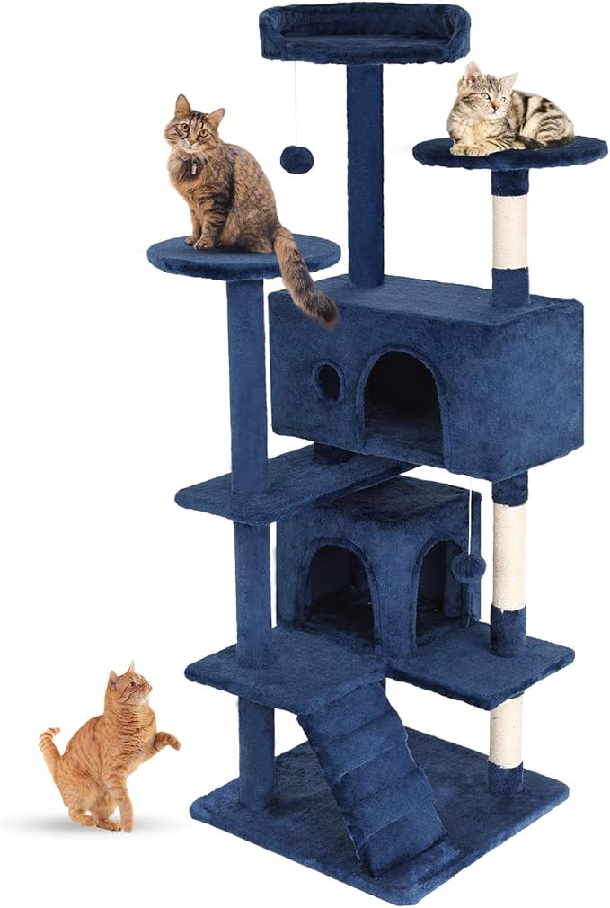 FDW Cat Tree 54in Cat Tower Multi-Level Durable Cat Scratching Post & Cozy Fun Cat Jumping Platform Space Saving Cat Condo Pet Play House for Indoor Cats,Navy Blue-PurrikoPets